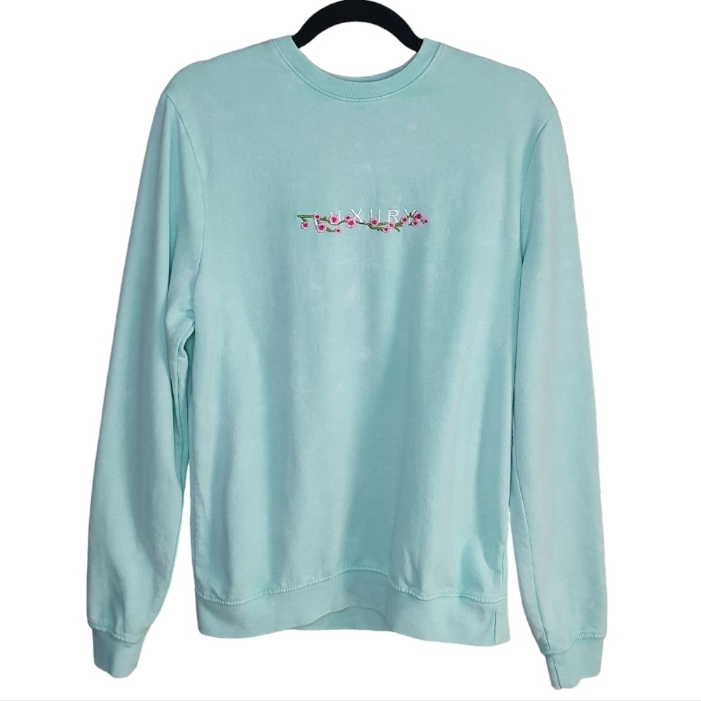 BLIND ROOSTER Embroidered Luxury Ocean Wave Crewneck‎ Sweater Teal Men's Size M